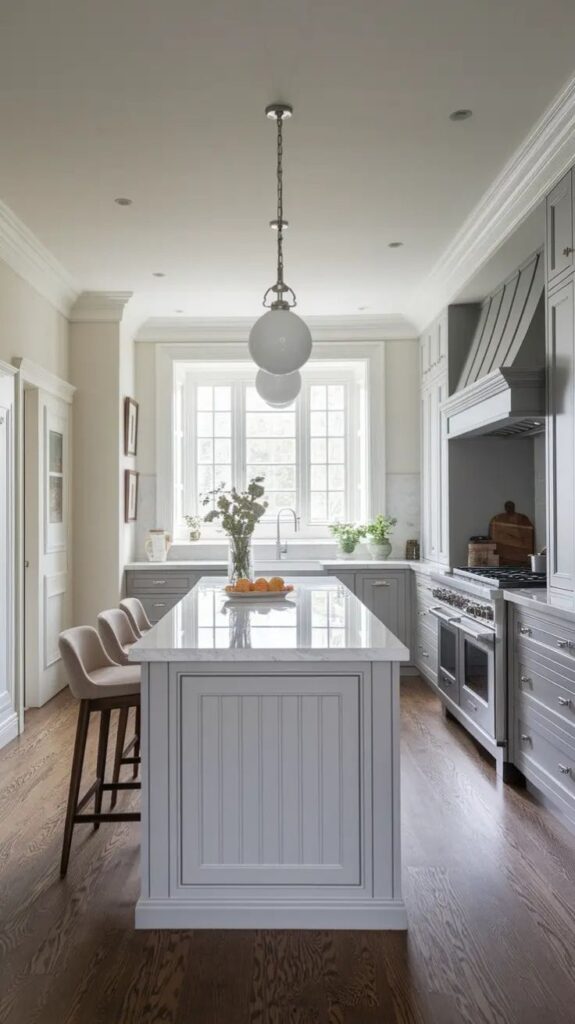 Modern kitchen with gray cabinets, white island, pendant lighting, and hardwood flooring. Bright and airy interior.