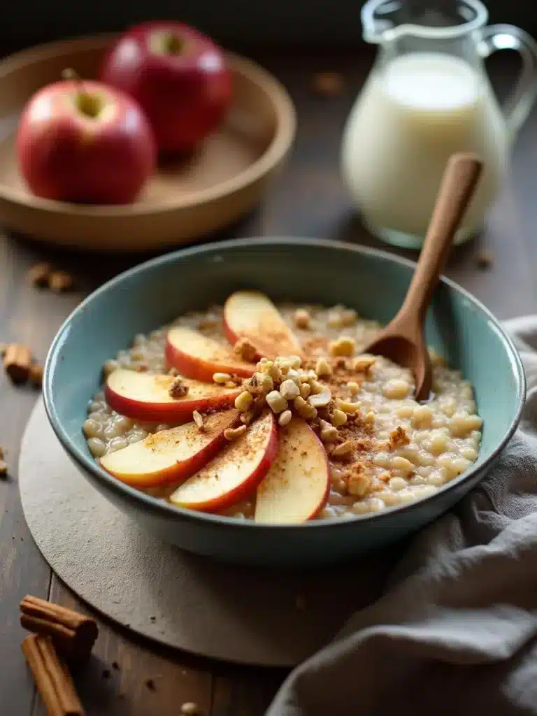 Bowl of oatmeal topped with apple slices, nuts, and cinnamon, with apples and a milk jug in the background.