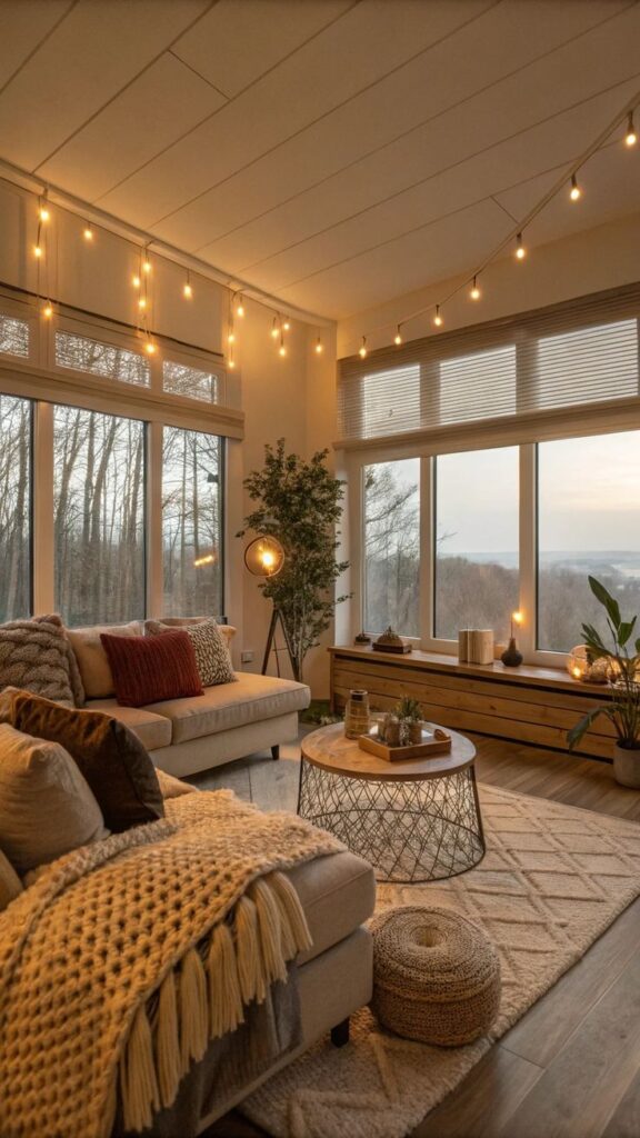 Cozy living room with large windows, warm lighting, and modern decor for a serene ambiance.