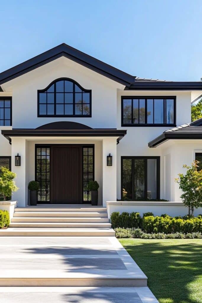 Modern two-story home with large windows, black trim, and landscaped front yard under a clear blue sky.