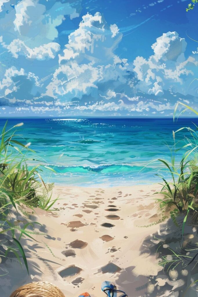 Sandy beach path leading to turquoise ocean under a bright blue sky with fluffy clouds. Perfect summer escape.