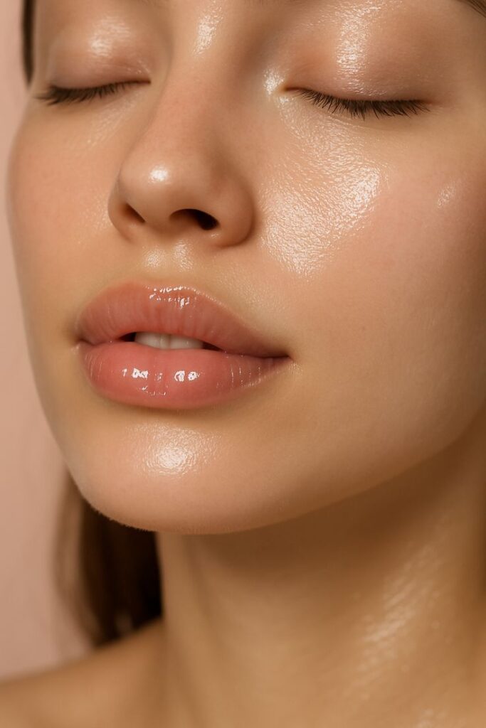 Close-up of woman with smooth, glowing skin and glossy lips, eyes closed. Perfect for beauty and skincare content.