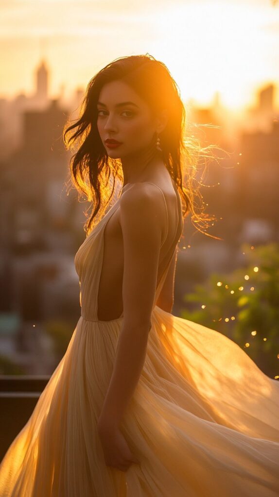 Woman in elegant dress stands at sunset with city skyline in background, creating a dreamy and dramatic silhouette.