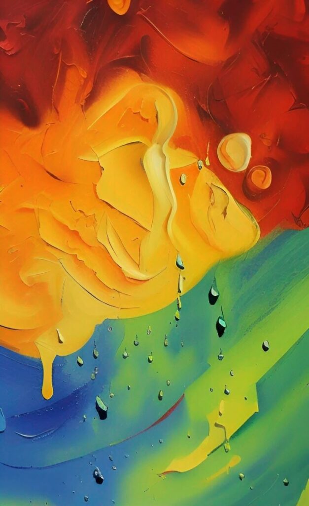 Abstract painting with vibrant red, orange, and blue swirls, resembling fluid motion and colorful droplets.