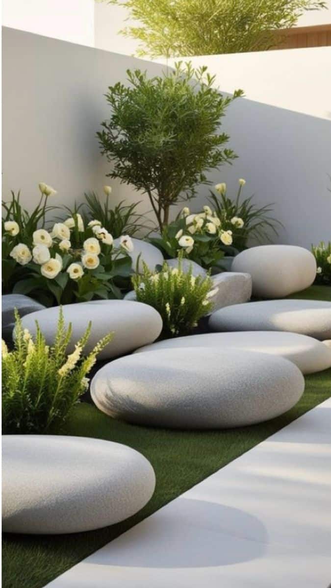 Green space Modern garden design with large white stones, lush greenery, and white flowers in a minimalist outdoor setting. | Sky Rye Design Modern garden design with large white stones, lush greenery, and white flowers in a minimalist outdoor setting.