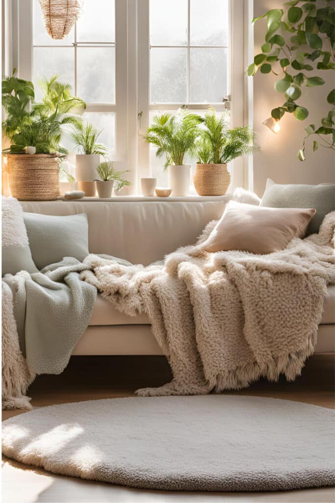 Cozy living room with plants, fluffy blankets, and natural light. Ideal space for relaxation and comfort.