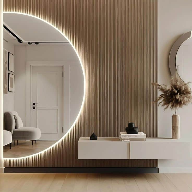Modern entryway with illuminated round mirror, wood panel wall, floating console, and minimalist décor.