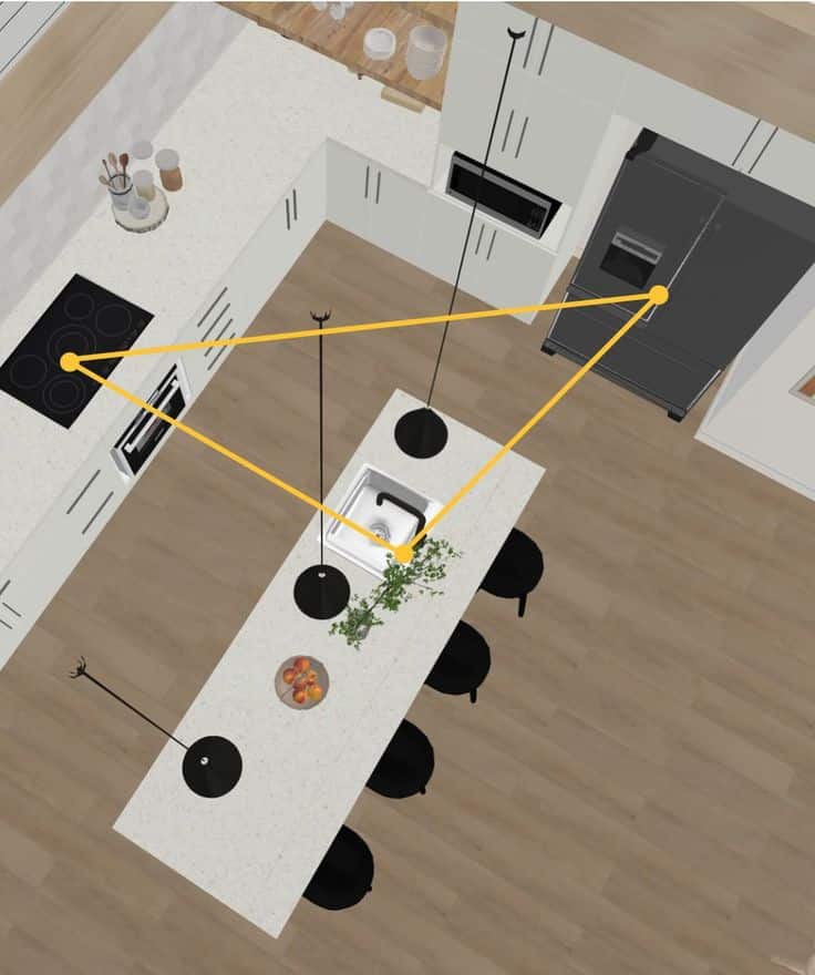 Modern kitchen layout with island, stove, and refrigerator forming a work triangle for efficient cooking workflow.
