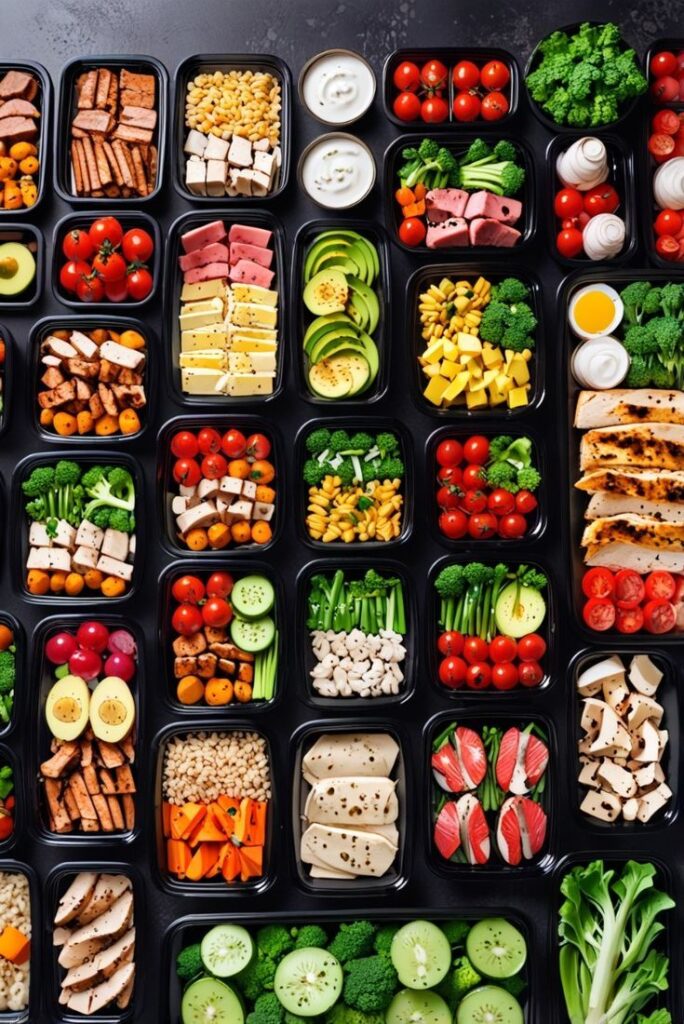 Assorted meal prep containers with fresh vegetables, fruits, and proteins for a healthy diet on a black surface.