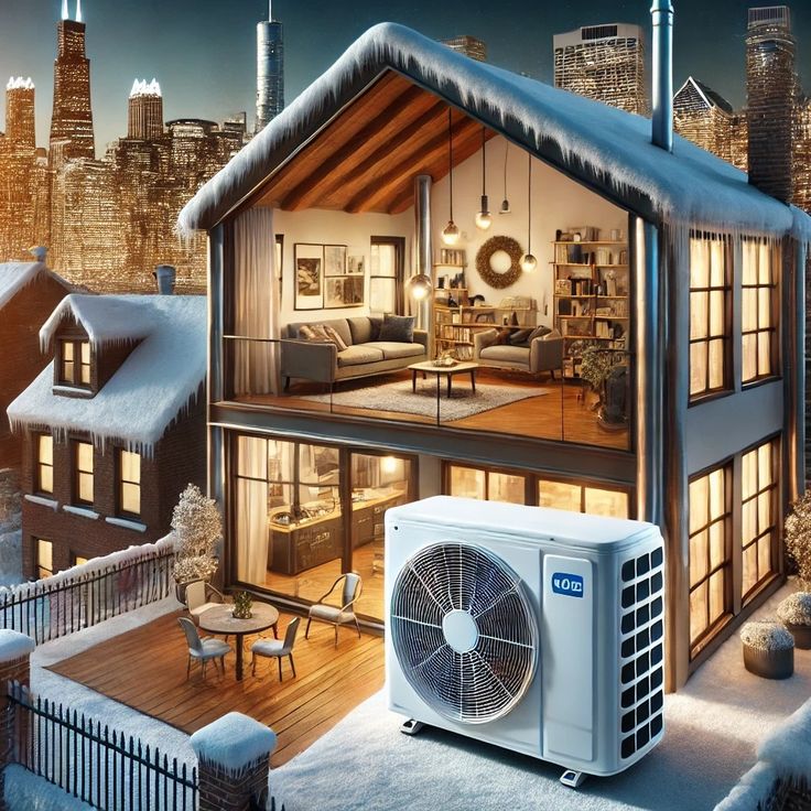 Modern home with snow-covered roof, cozy interior lighting, and a large outdoor air conditioning unit on a wintry evening.