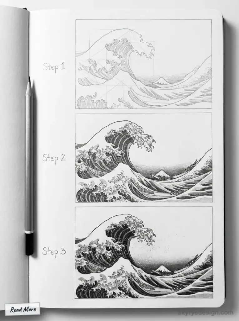 Sketchbook showing 3-step pencil tutorial of Hokusai-style Great Wave drawing, from rough grid layout to detailed shaded wave; pencil at left.