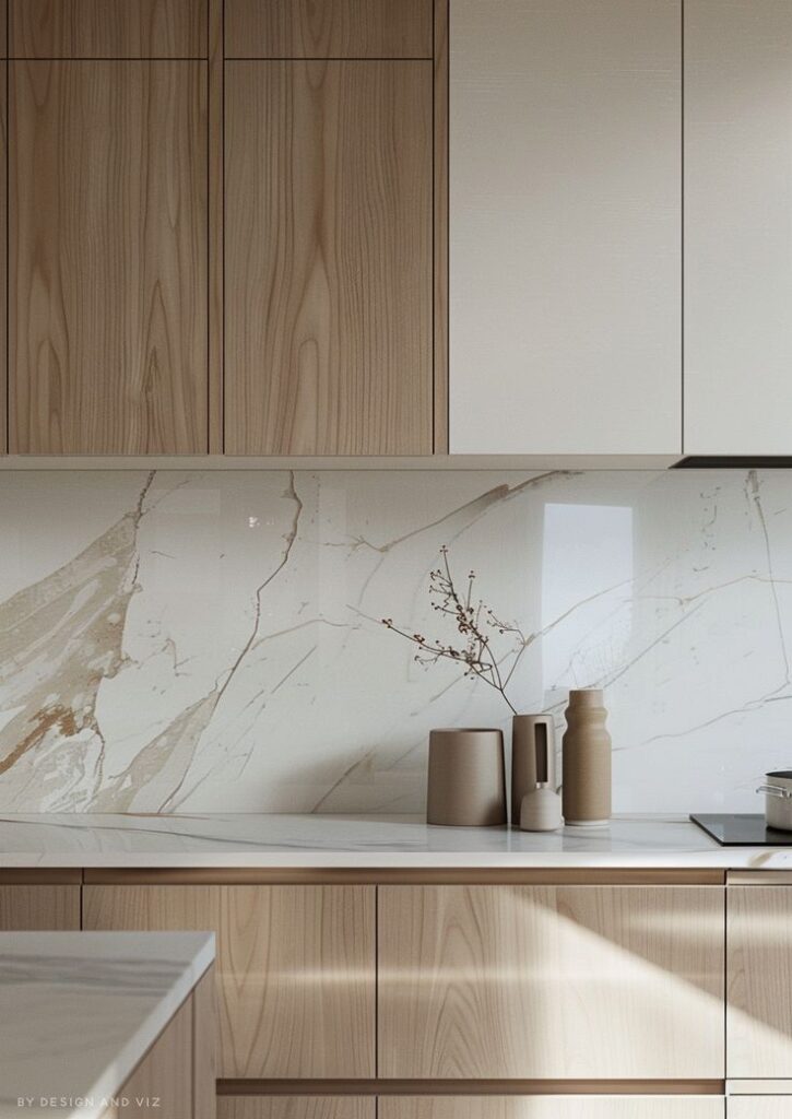 Modern kitchen with wooden cabinets, marble backsplash, and minimalist decor items for a stylish, clean look.