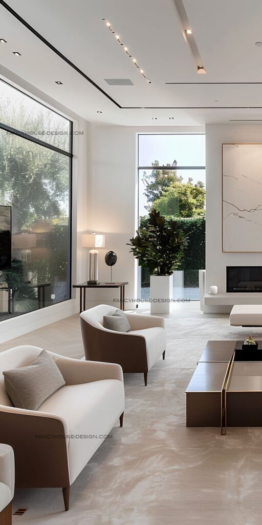 Modern living room with elegant furniture, large windows, and minimalist decor. Bright natural light enhances the space.