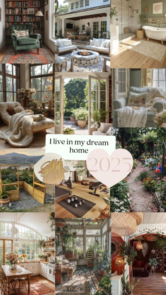 Collage of cozy home interiors and garden scenes with I live in my dream home text at the center.