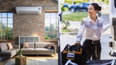 Living room with modern air conditioner; technician readies tools, ensuring optimal climate control service.