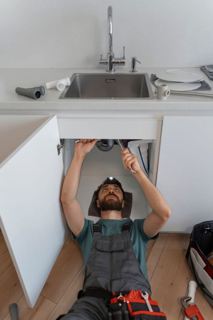 Plumber fixing kitchen sink pipes with tools, lying under cabinet. Home repair and maintenance work.