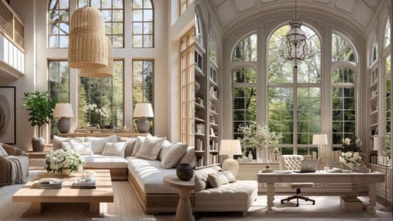How To Invest Wisely in High-Quality Home Furnishings Luxurious sunlit living room and study with large windows, elegant decor, and lush views. | Sky Rye Design Luxurious sunlit living room and study with large windows, elegant decor, and lush views.