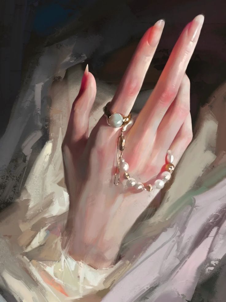 Elegant hand with long nails, adorned with gold rings and a pearl bracelet, in a realistic painting style.