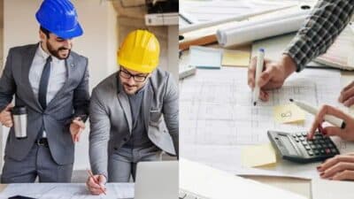 Two engineers in hard hats discuss architectural plans; hands using a calculator on construction blueprints.