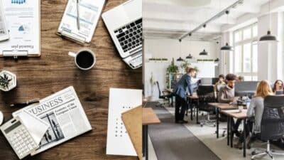 Workspace with business documents and coffee on a desk; team collaborating in a modern office environment.
