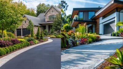 Modern and traditional homes with landscaped gardens and elegant driveways under a clear sky.