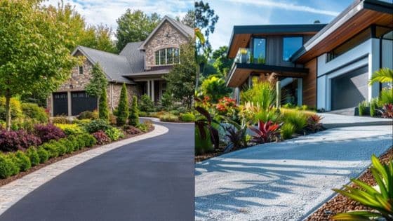 How to Care for an Asphalt Driveway Modern and traditional homes with landscaped gardens and elegant driveways under a clear sky. | Sky Rye Design Modern and traditional homes with landscaped gardens and elegant driveways under a clear sky.
