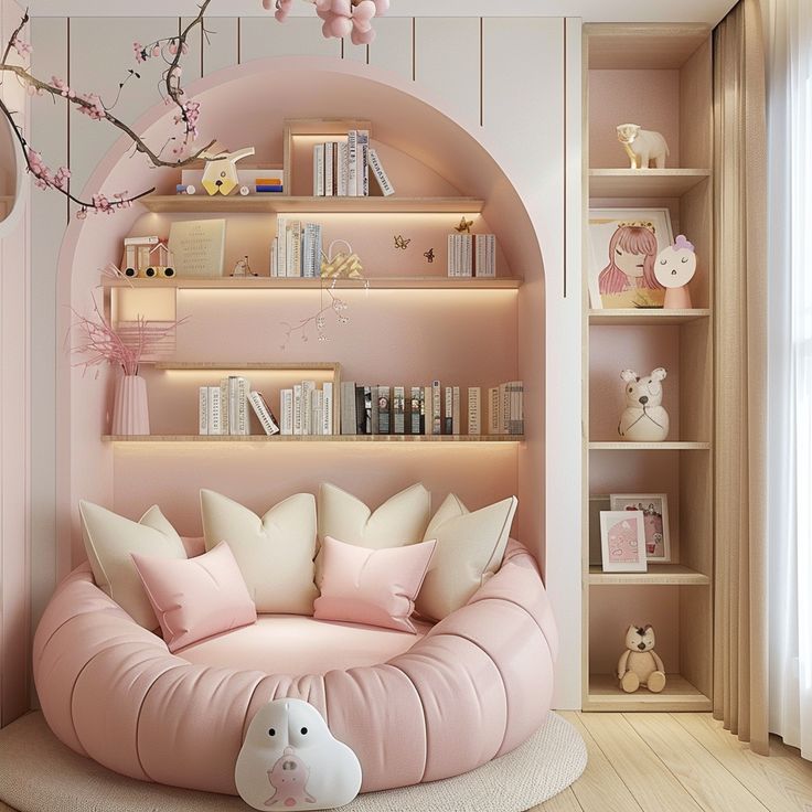 Cozy pink reading nook with decorative shelves, books, plush cushions, and a round sofa chair in a pastel interior.