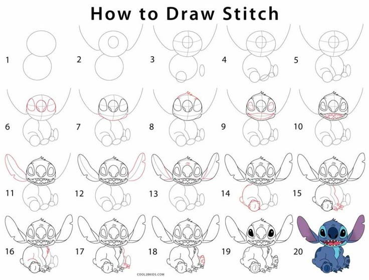 Step-by-step guide on how to draw Stitch; shows progress from basic shapes to completed character.