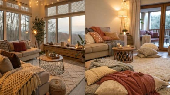 How to Keep A Home Warm and Chic This Winter Cozy living room with large windows, warm lighting, comfy sofas, and soft blankets for a relaxing atmosphere. | Sky Rye Design Cozy living room with large windows, warm lighting, comfy sofas, and soft blankets for a relaxing atmosphere.