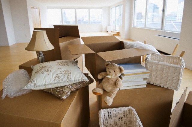 Moving day: cardboard boxes with pillows, lamp, teddy bear, and books in a bright, empty apartment.