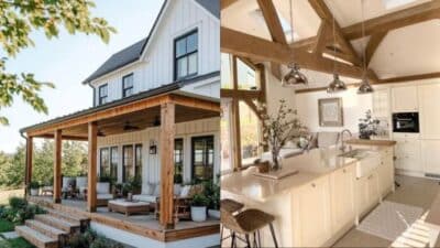 Modern farmhouse exterior with porch and cozy interior kitchen featuring exposed beams and white cabinetry.