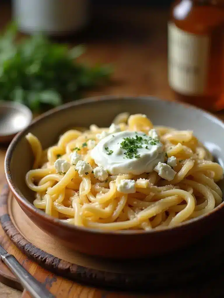 Creamy pasta topped with parsley and crumbled cheese in a rustic bowl on a wooden table.