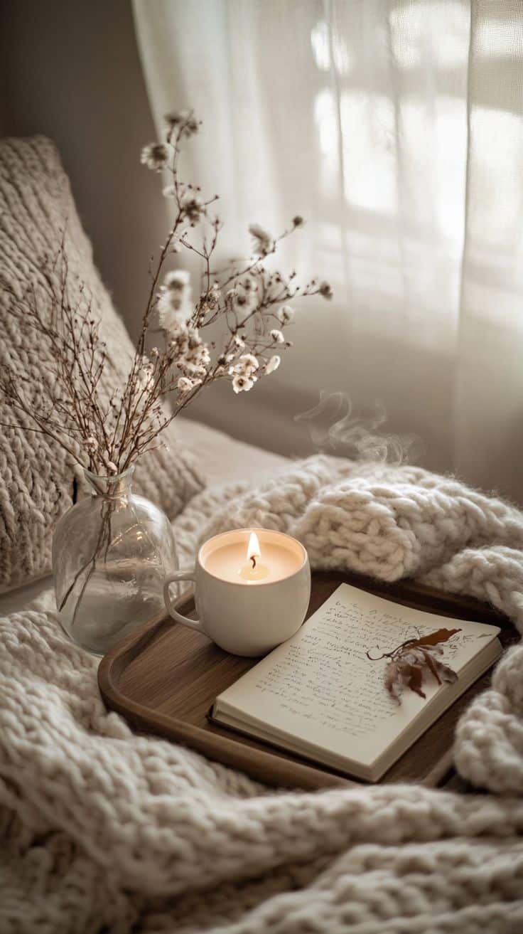 Cozy scene with a lit candle, open book, and dried flowers on a wooden tray, surrounded by knit blankets in soft light.