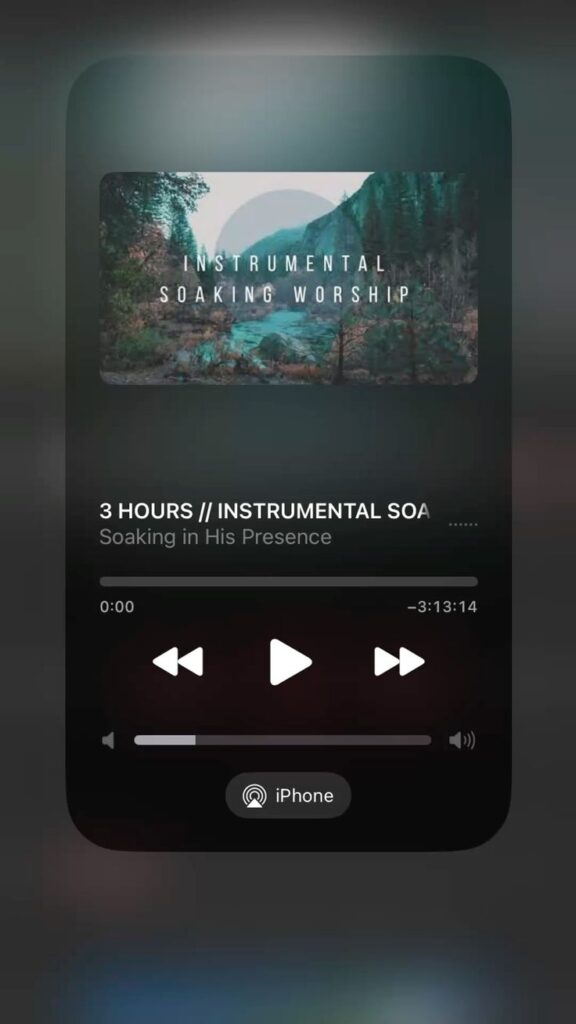 Music player screenshot displaying 3 Hours of Instrumental Soaking Worship, soothing ambient music.
