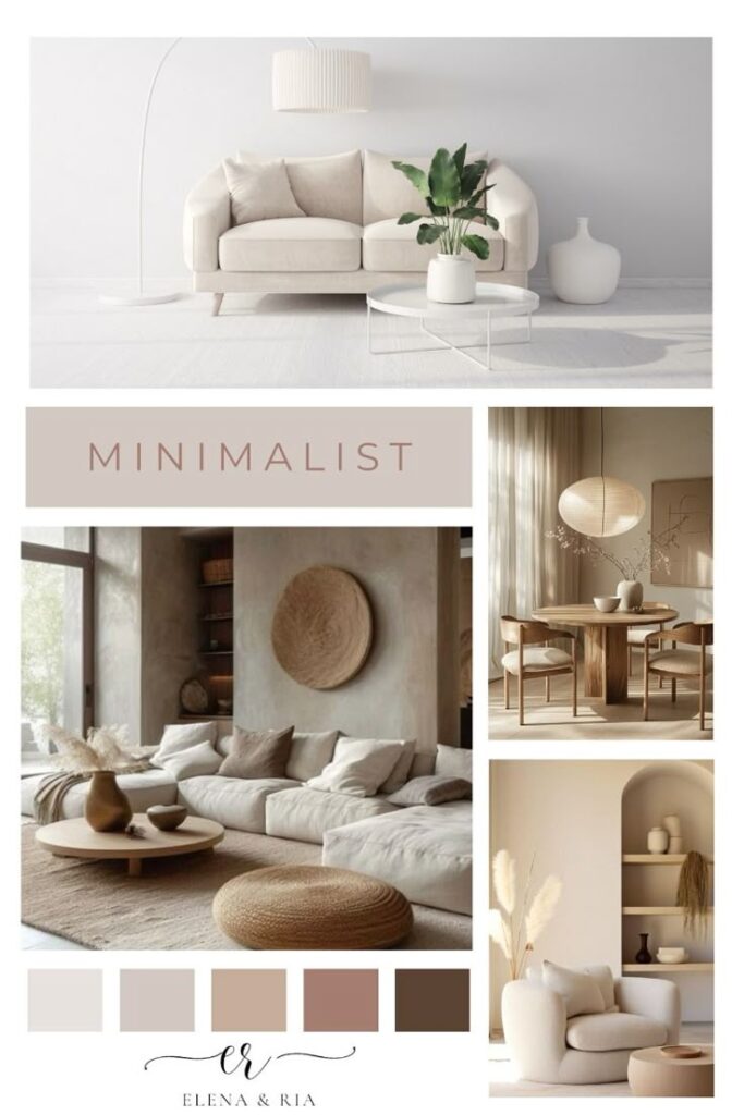 Minimalist interior design mood board with neutral tones, modern furniture, and decor from Elena & Ria.
