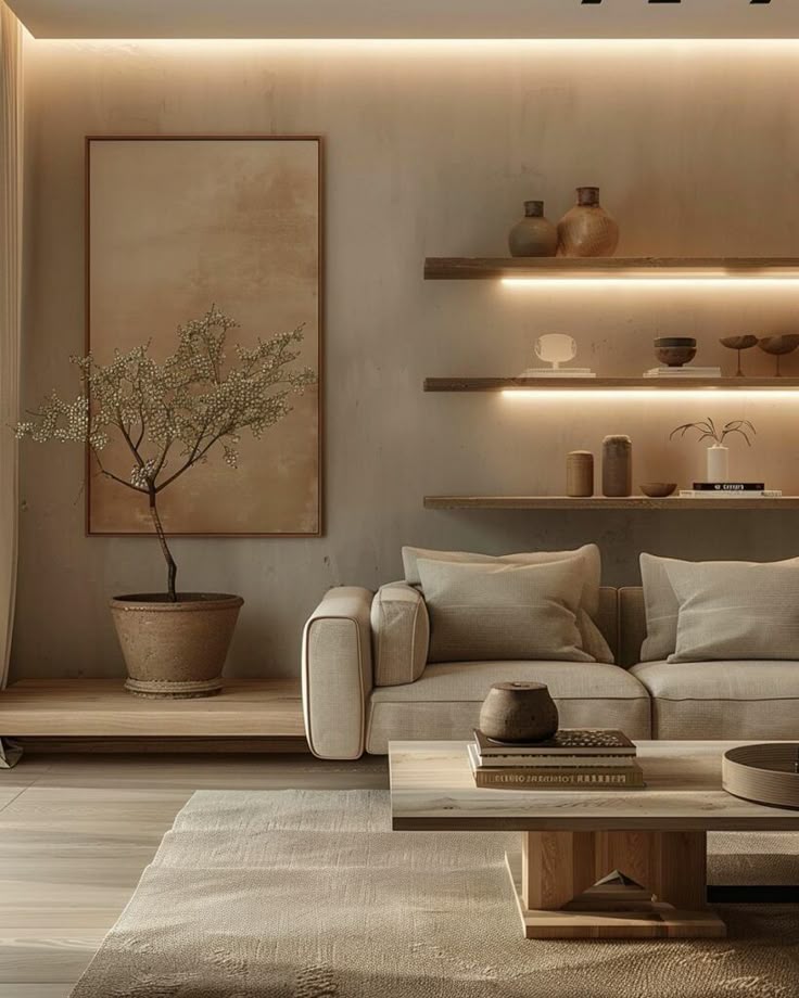 Minimalist living room with beige sofa, wooden shelves, and decor elements, emphasized by soft lighting and a potted plant.