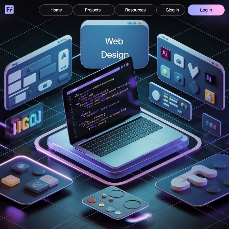 Futuristic web design interface with laptop and floating UI elements showcasing coding and design tools.