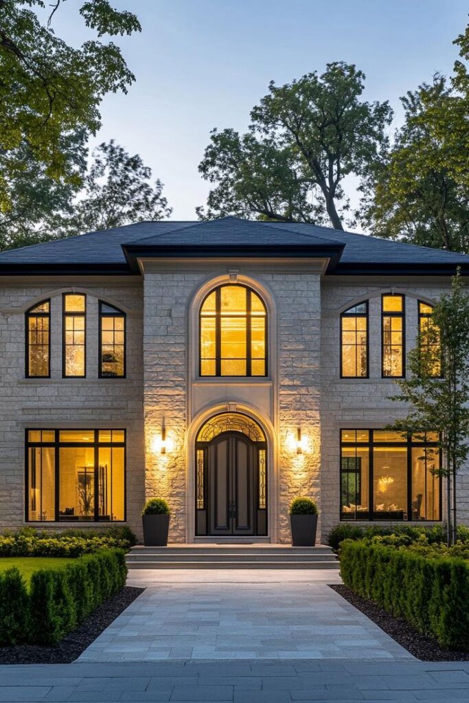 Elegant two-story stone house at dusk with large arched windows and vibrant exterior lighting.