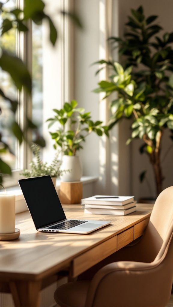 Modern home office setup with a laptop, books, and plants on a sunlit wooden desk by a large window.