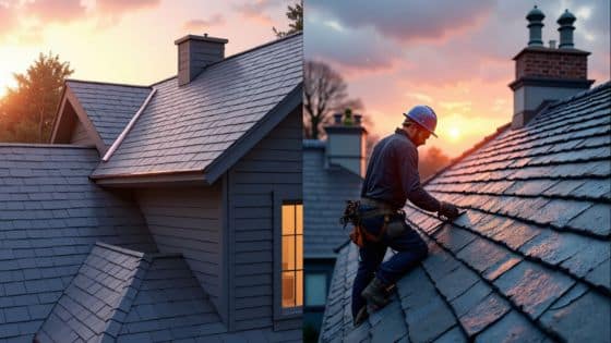 Important Questions to Ask before Hiring Roofer working at sunset on a slate roof, showcasing professional roofing in a scenic evening setting. | Sky Rye Design Roofer working at sunset on a slate roof, showcasing professional roofing in a scenic evening setting.