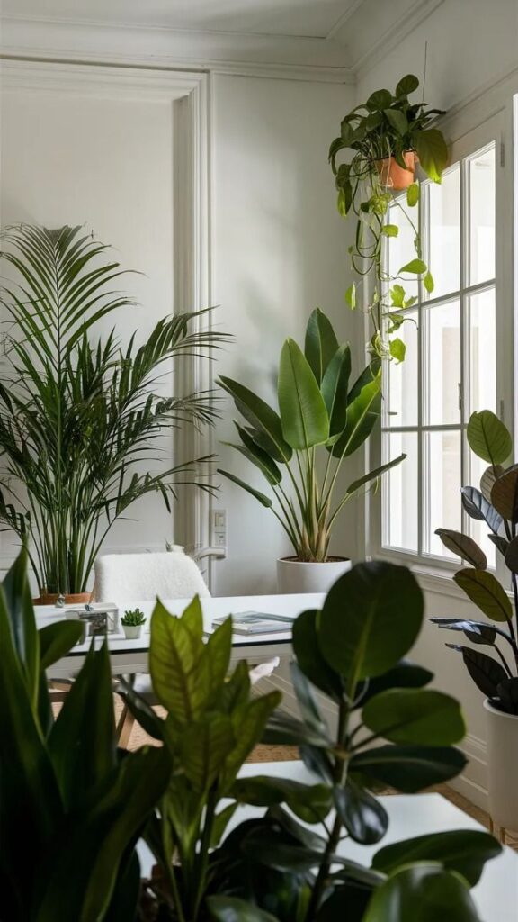 Modern living room with various green houseplants near a window, creating a fresh and inviting atmosphere.