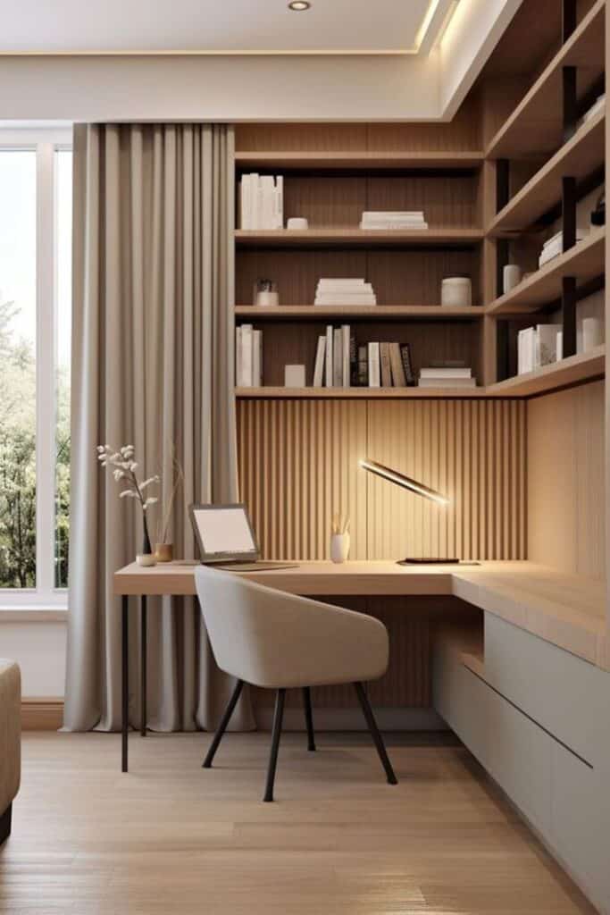 Inspiration de décoration de bureau pour un Espace de Travail Urbain et Branché Modern home office with wooden desk, beige chair, bookshelves, and window with gray curtains. | Sky Rye Design Modern home office with wooden desk, beige chair, bookshelves, and window with gray curtains.
