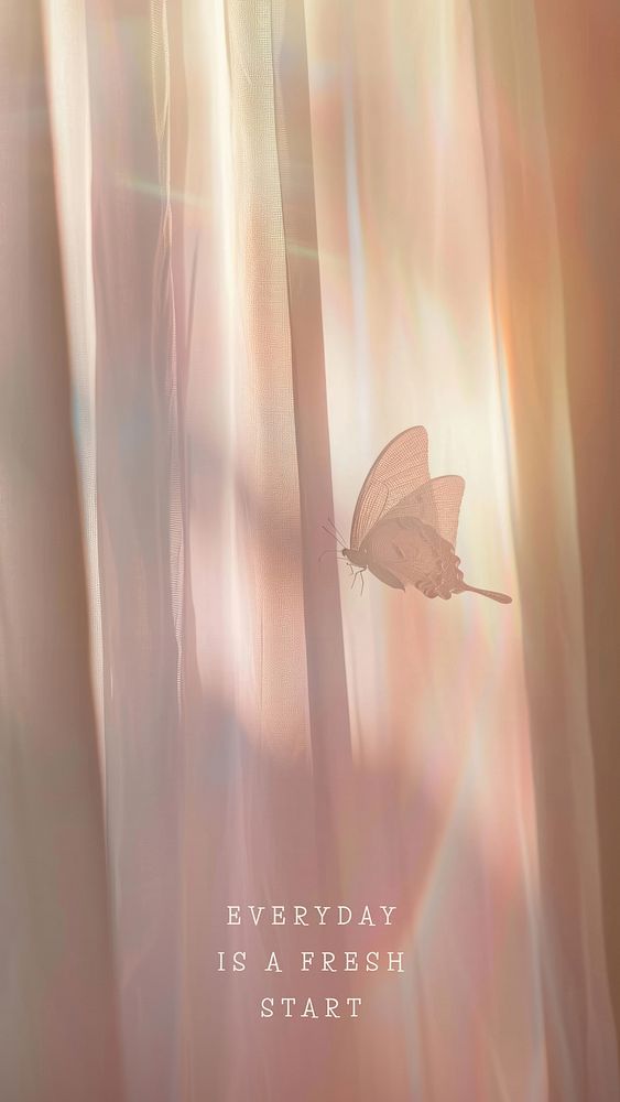 Butterfly on pastel curtain with quote: Every day is a fresh start. Soft light and inspirational message.