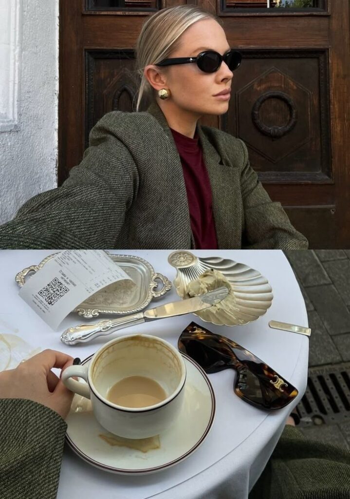 Stylish woman in sunglasses enjoys coffee at elegant café, with vintage tableware and tortoiseshell sunglasses nearby.