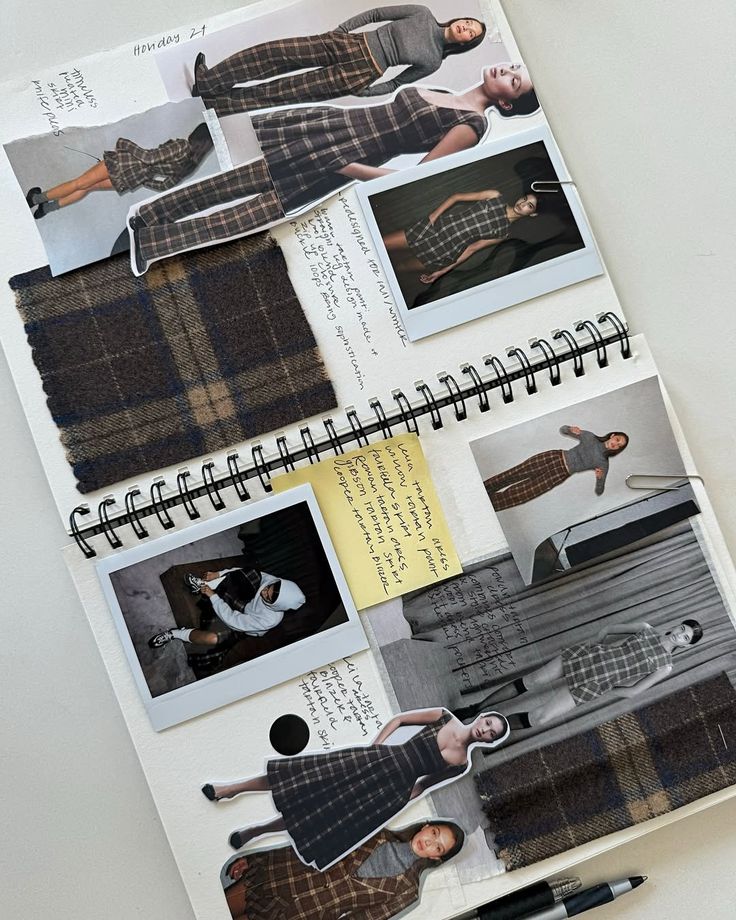 Fashion sketchbook with plaid fabric swatches, design notes, and model photos wearing plaid outfits.
