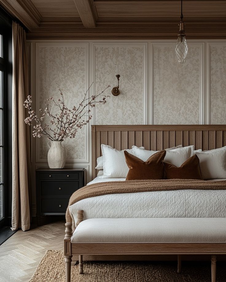 Cozy bedroom with a wooden bed, patterned wallpaper, and elegant vase with branches on nightstand.