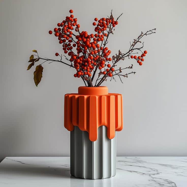 Modern vase with geometric design and vibrant red berries on branches, displayed on a marble surface.
