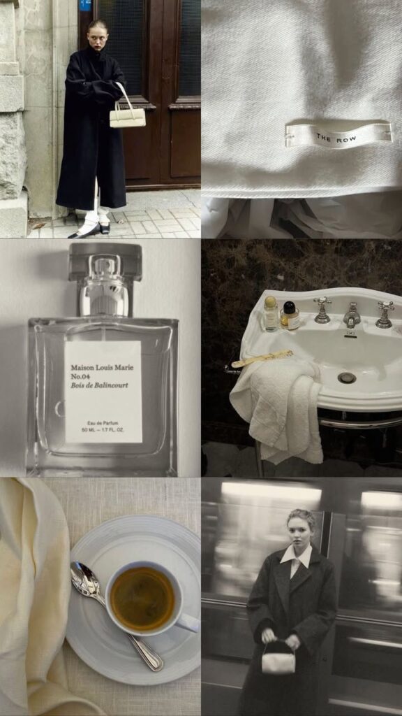 Collage of fashion, perfume, coffee, and bathroom sink, featuring The Row and Maison Louis Marie products.
