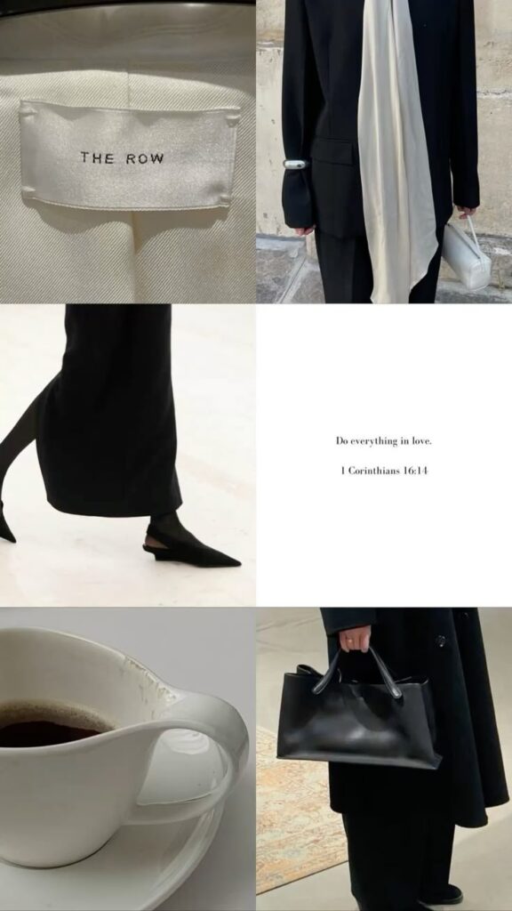 Collage featuring fashion label, tailored outfit, stylish ankle boots, coffee cup, and a handbag. Quote: 1 Corinthians 16:14.