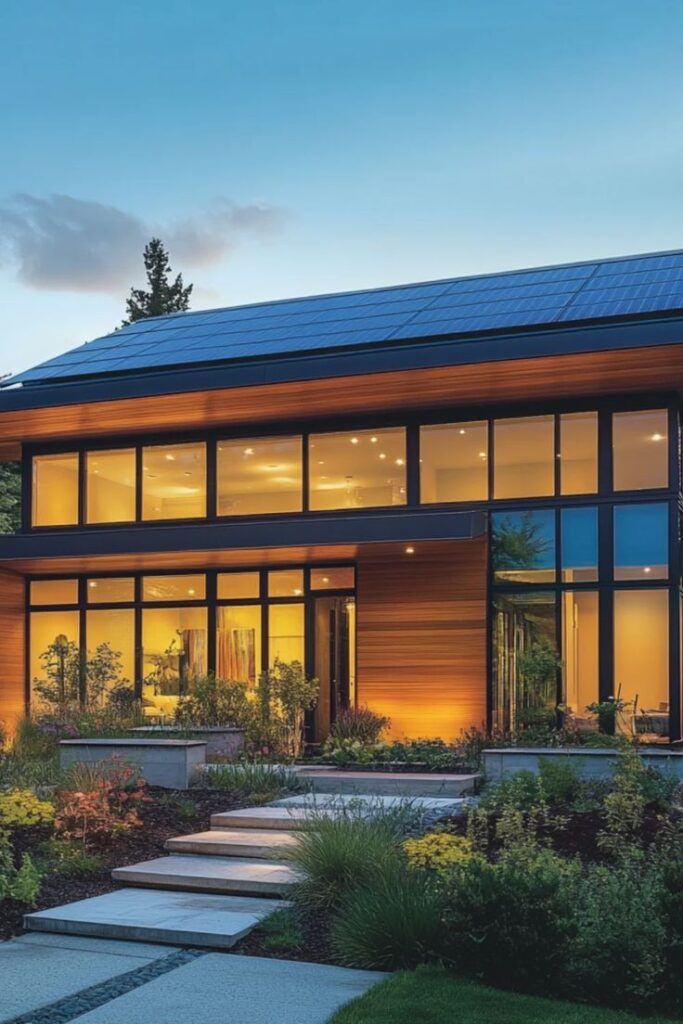 Integrating solar panels into your home design is Modern eco-friendly house with solar panels and garden at dusk. | Sky Rye Design Modern eco-friendly house with solar panels and garden at dusk.